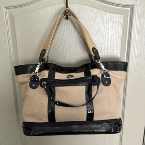 Nest Diaper bag - tan canvas, black trim, pockets, large, travel, overnight